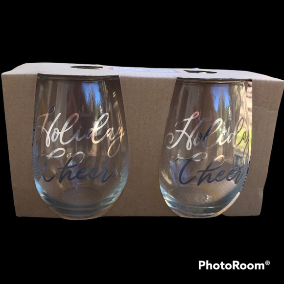 Set of 2 Stemless Wine Glasses with Holiday Cheer Monogrammed in Silver / NWT - Picture 2 of 6